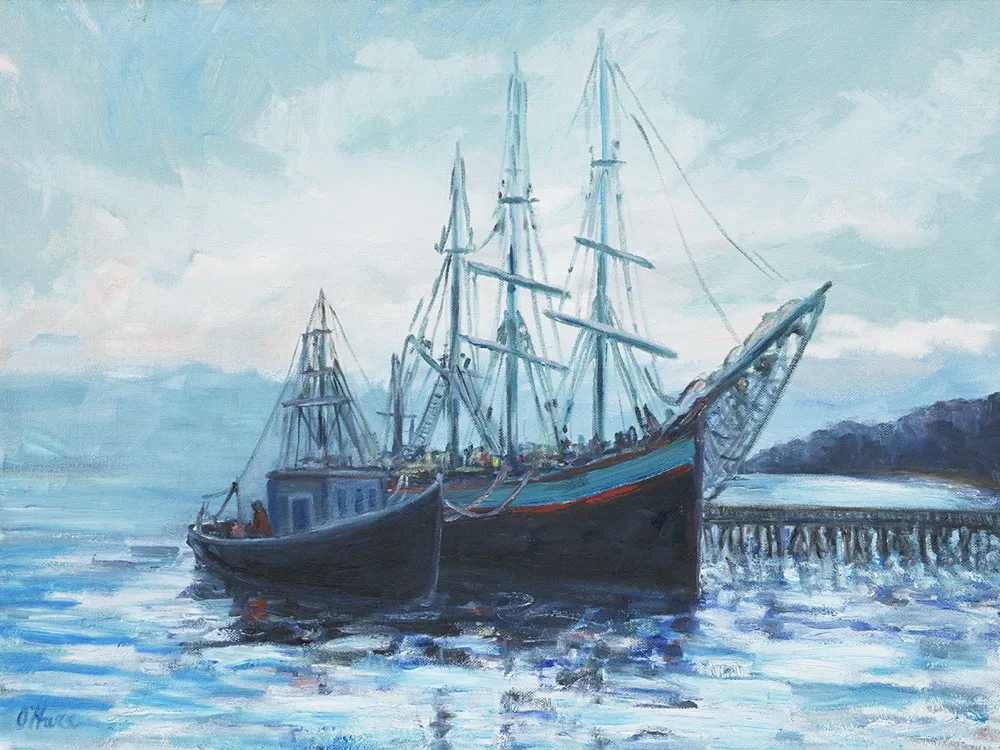 Boats at Sunset, an oil painting by Kevin O'Hare &mdash; Tall-masted ships at rest in the harbor