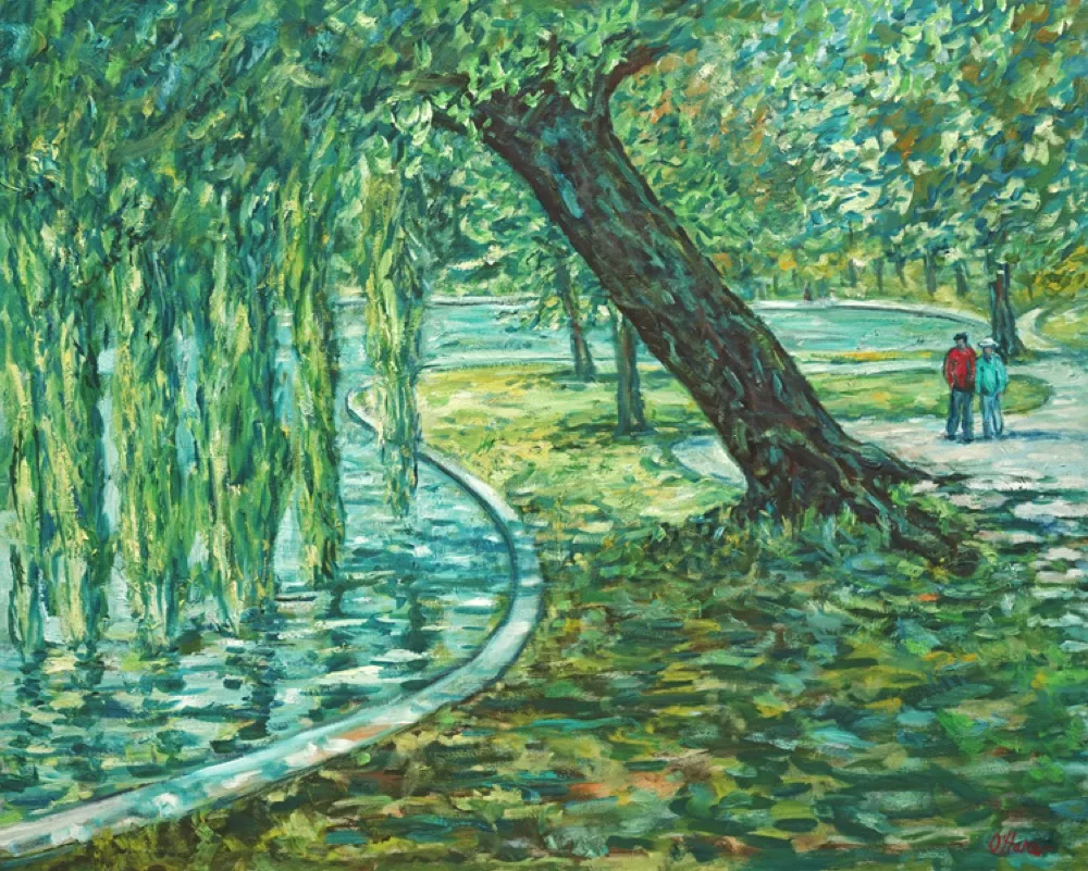 Boston Common, an oil painting by Kevin O'Hare &mdash; Willows and walking paths in the city park