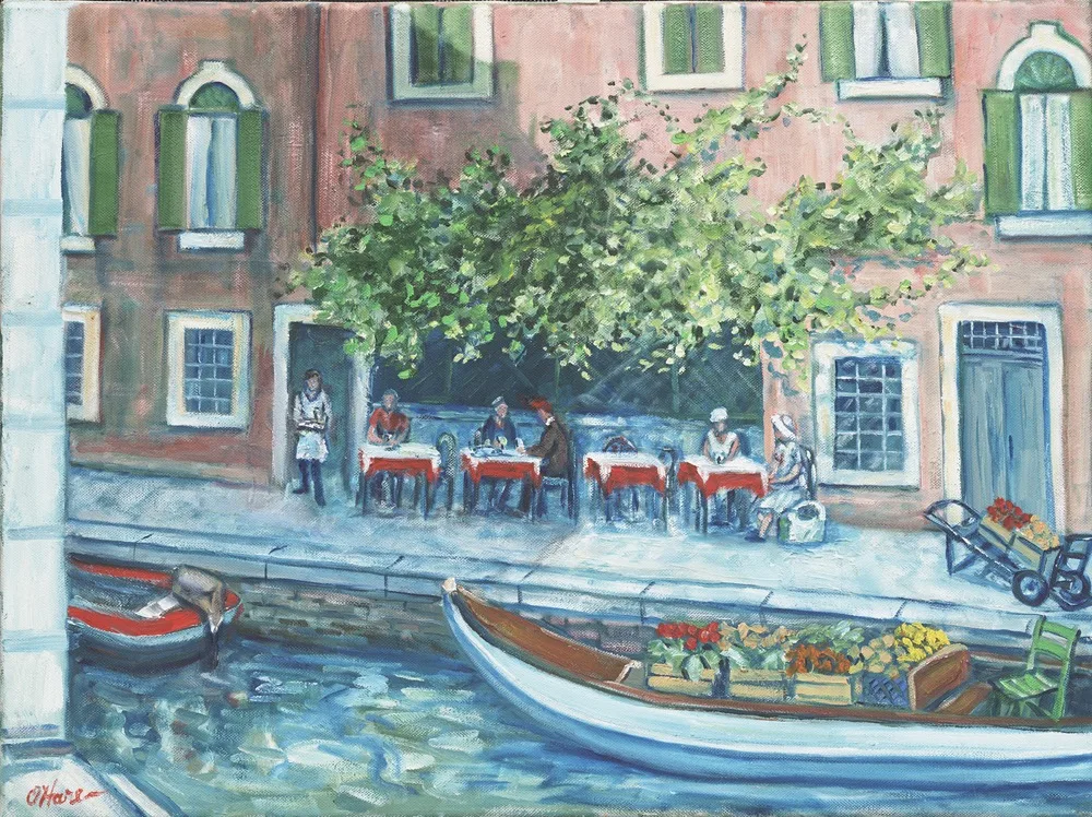 Break for Espresso, VE, an oil painting by Kevin Michael O'Hare &mdash; A Venice canal-side café with a market boat moored below