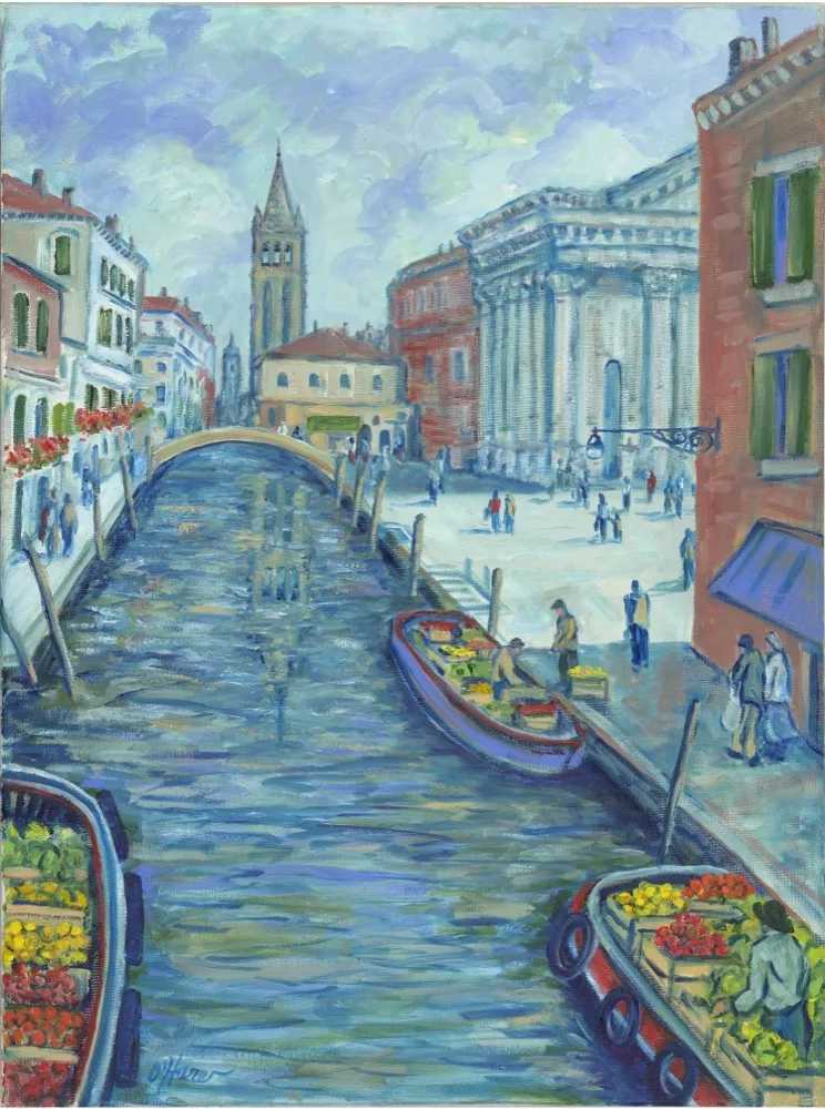 Canal Flower Market, an oil painting by Kevin O'Hare &mdash; Flower barges along an Amsterdam canal