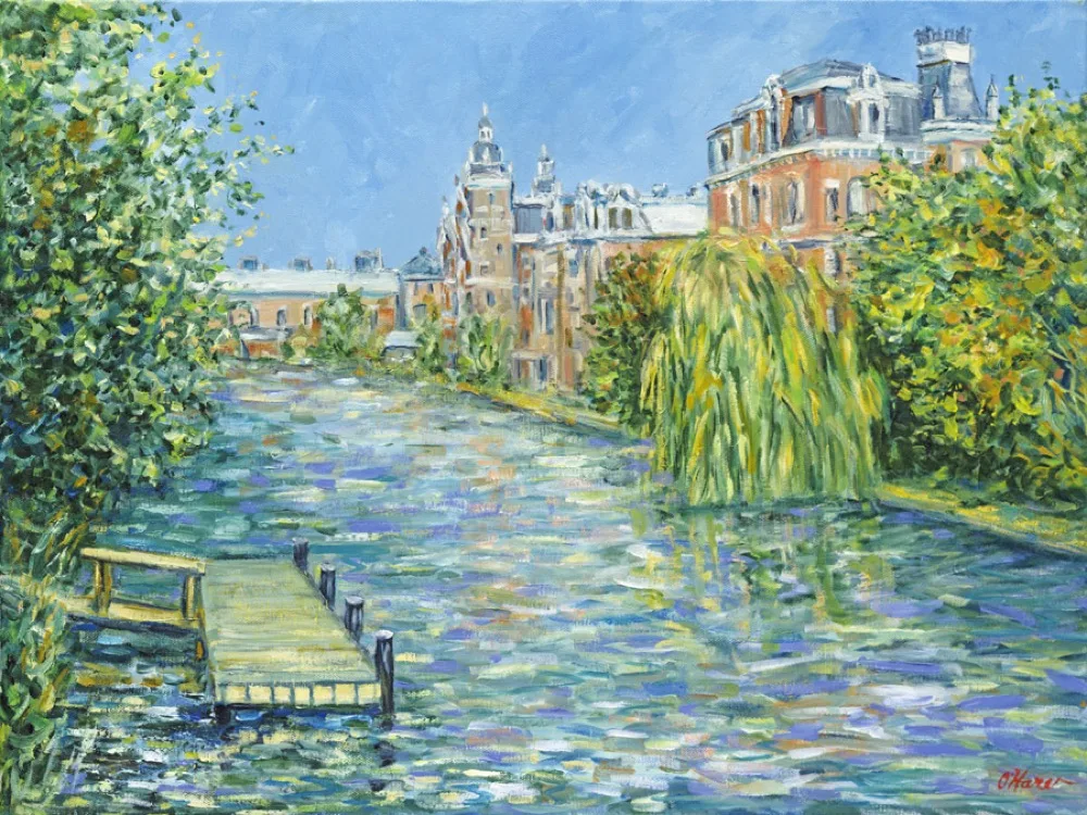 Canal in Amsterdam, an oil painting by Kevin O'Hare &mdash; A quiet dock beneath the weeping willows