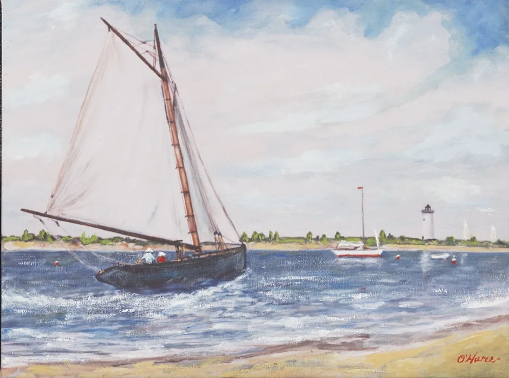 Coming About & Into a Beam Reach, an oil painting by Kevin Michael O'Hare &mdash; A gaff-rigged sailboat off Martha's Vineyard