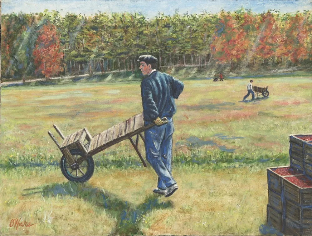 The Cranberry Men, Marshfield MA, an oil painting by Kevin Michael O'Hare &mdash; Workers pushing barrows through the autumn bog
