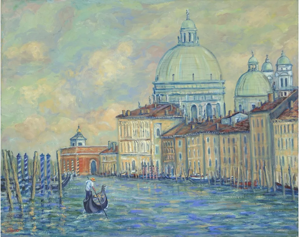 Domes of the Grand Canal, an oil painting by Kevin O'Hare &mdash; A lone gondolier passes the great basilica