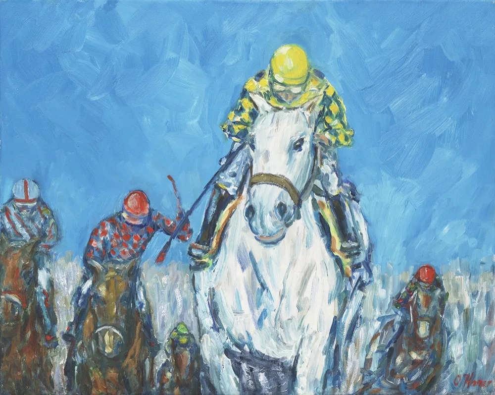 Down the Stretch, an oil painting by Kevin Michael O'Hare &mdash; Jockeys driving for the finish line