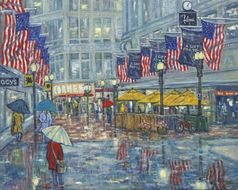 Downtown Crossing, an oil painting by Kevin O'Hare &mdash; A rainy Boston street scene with flags and umbrellas