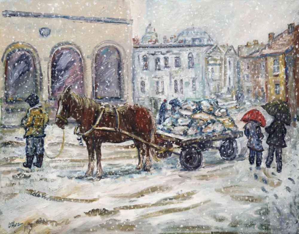 Dubliners in the Snow, an oil painting by Kevin O'Hare &mdash; A horse cart delivering goods in the snow