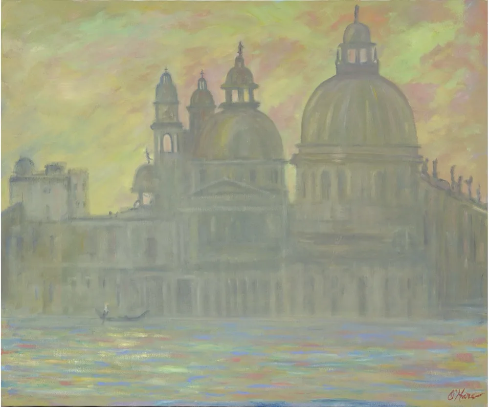 Dusk on the Grand Canal, an oil painting by Kevin O'Hare &mdash; Boats at rest as evening settles over the water