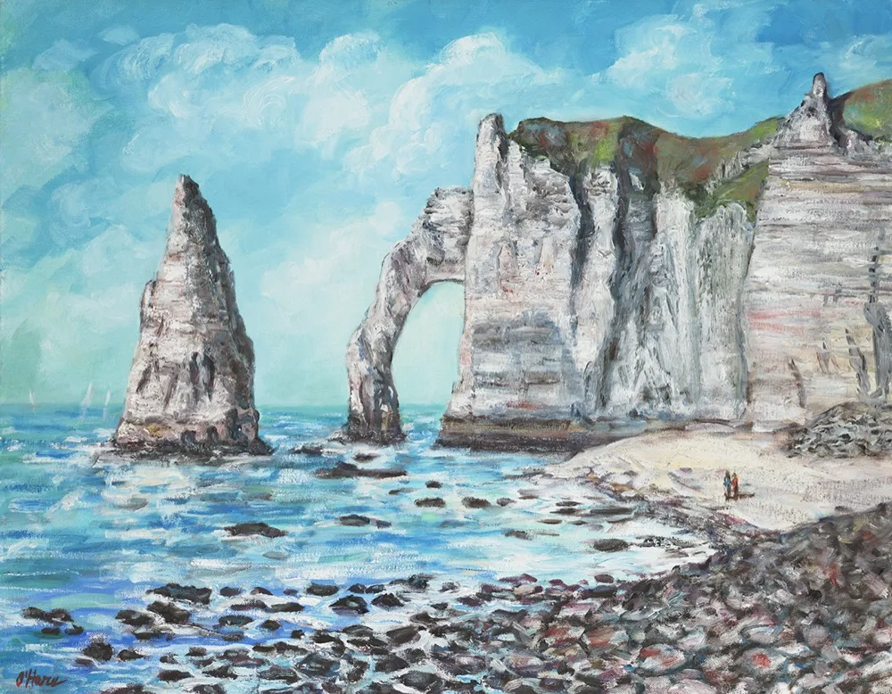 &Eacute;tretat Cliffs, an oil painting by Kevin O'Hare &mdash; The famed sea arch and needle of Normandy