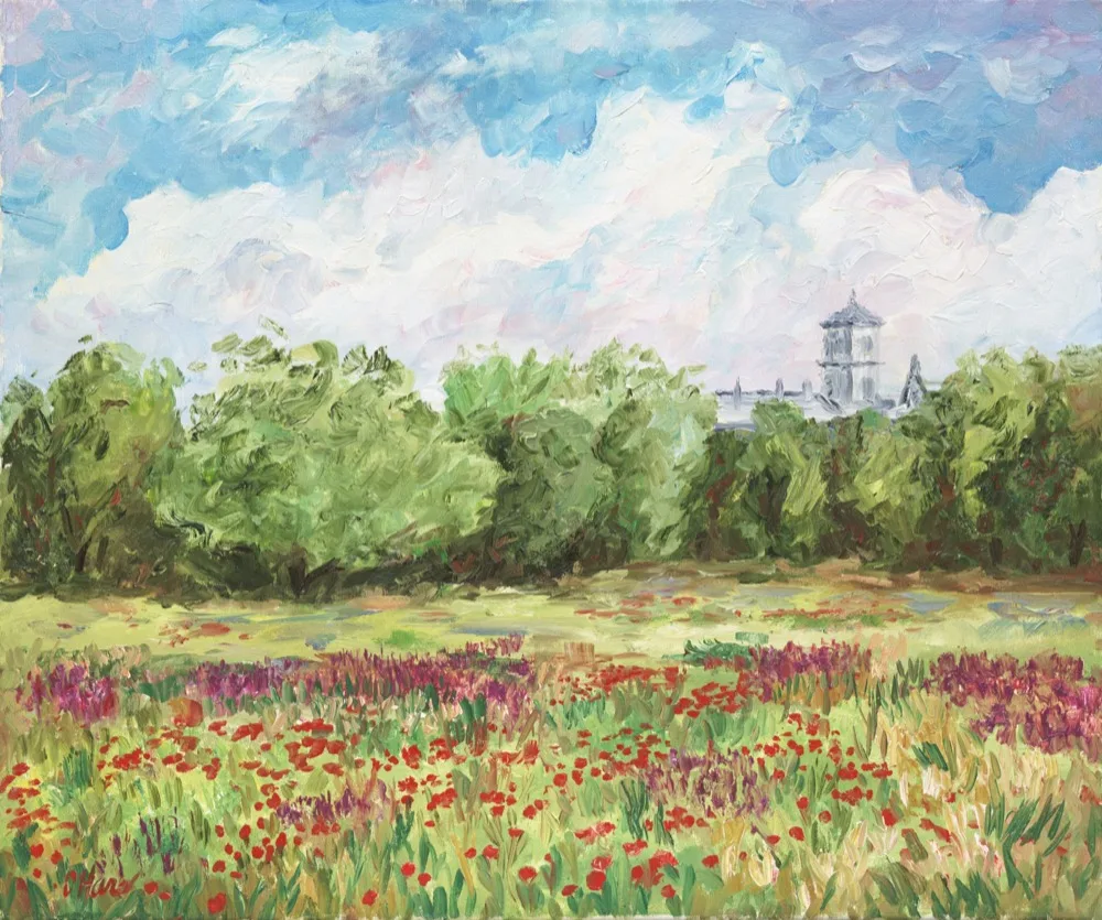 Irish Landscape, an oil painting by Kevin Michael O'Hare &mdash; A wildflower meadow beneath a distant tower