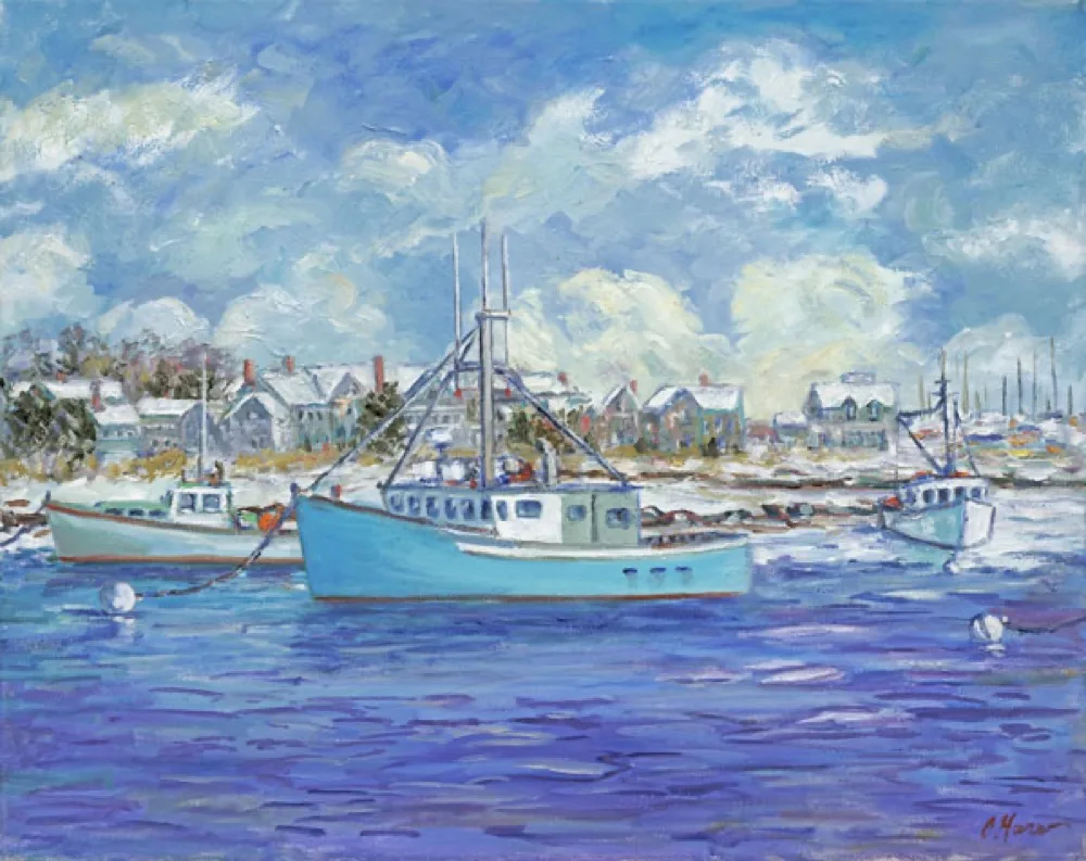 Fishing Boats at Harbor, an oil painting by Kevin O'Hare &mdash; Moored boats along a quiet coastal town