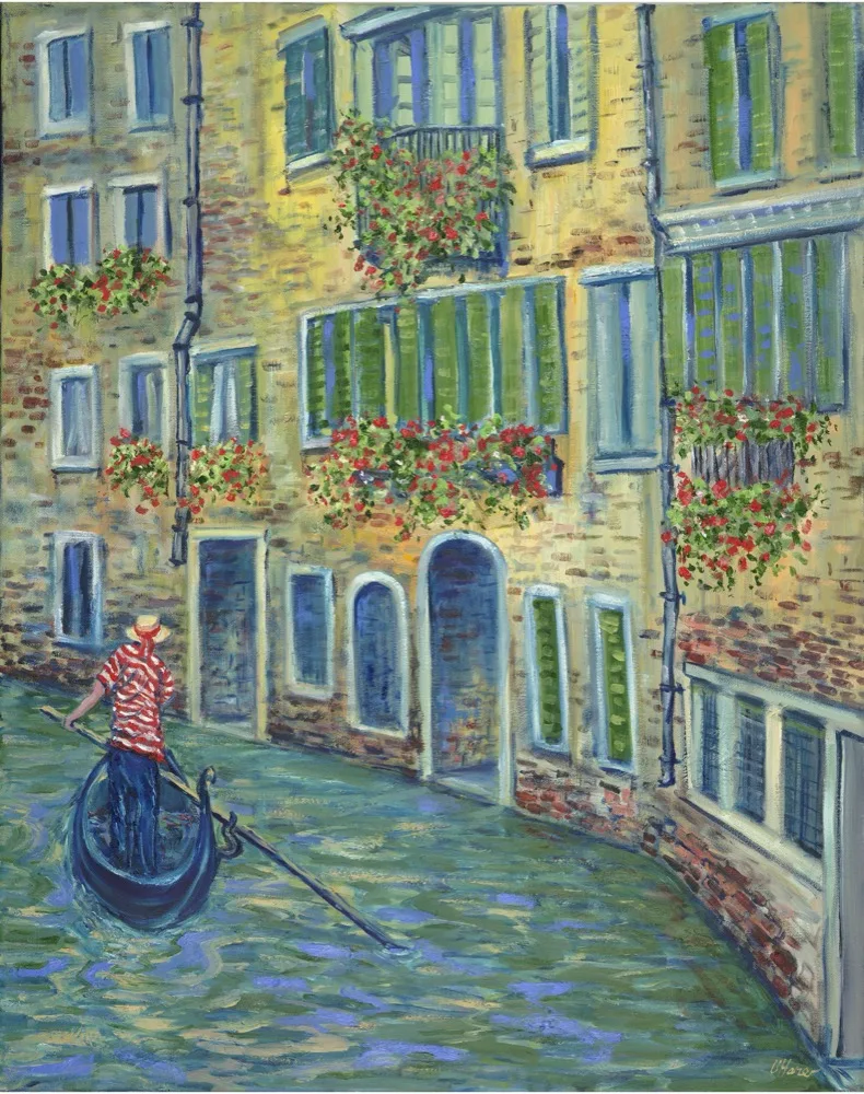 The Flower Canal, an oil painting by Kevin O'Hare &mdash; A gondolier glides beneath balconies spilling over with red geraniums