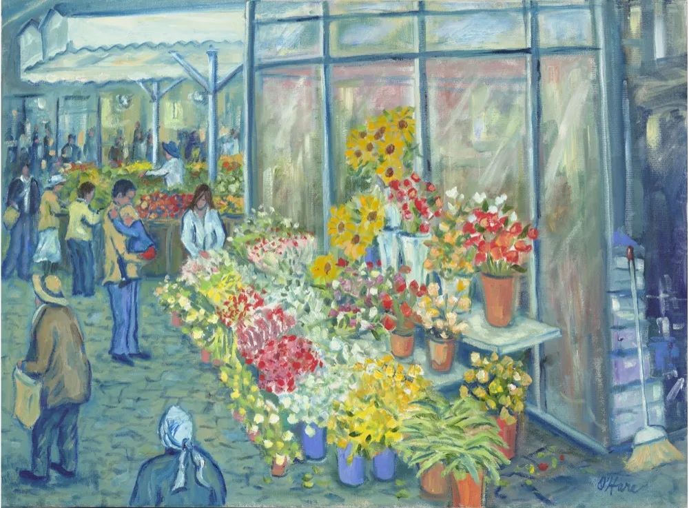 The Flower Market, an oil painting by Kevin O'Hare &mdash; Sunflowers and blooms at a city flower stand