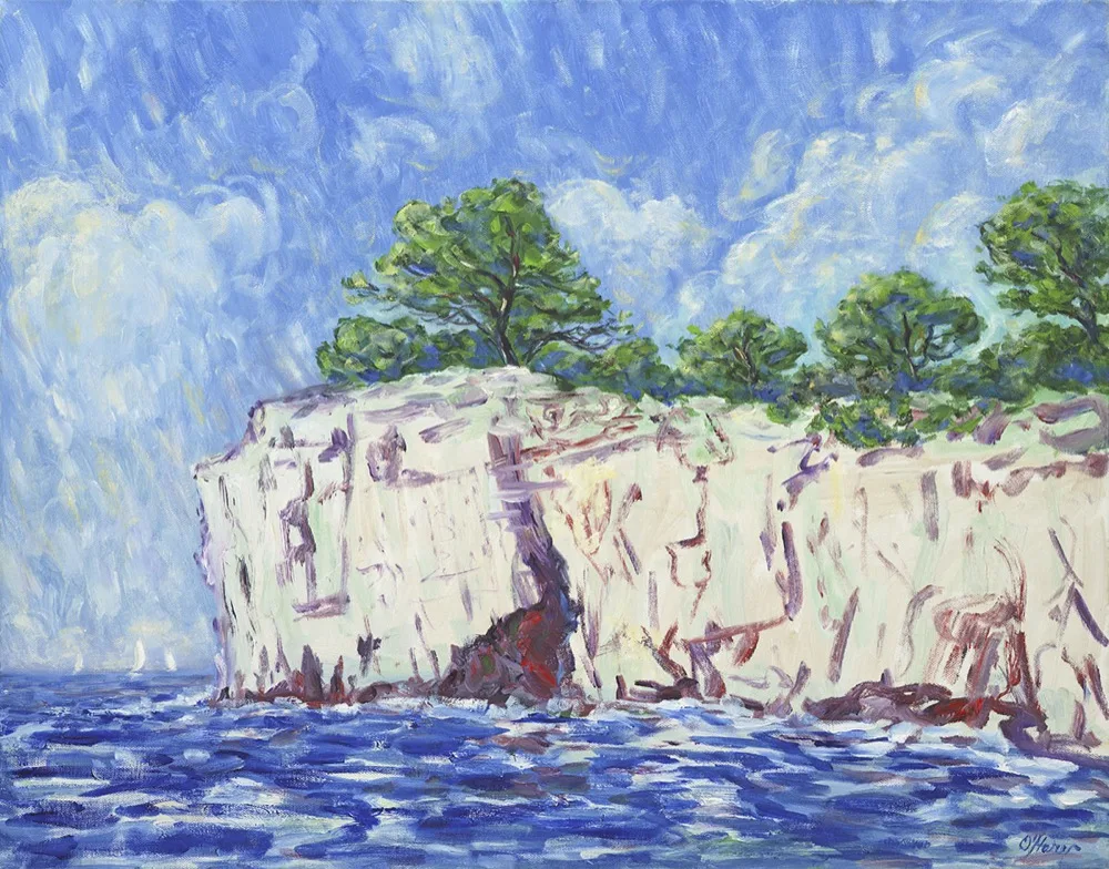French Cliffs, an oil painting by Kevin O'Hare &mdash; Pines rooted along a chalk coastline