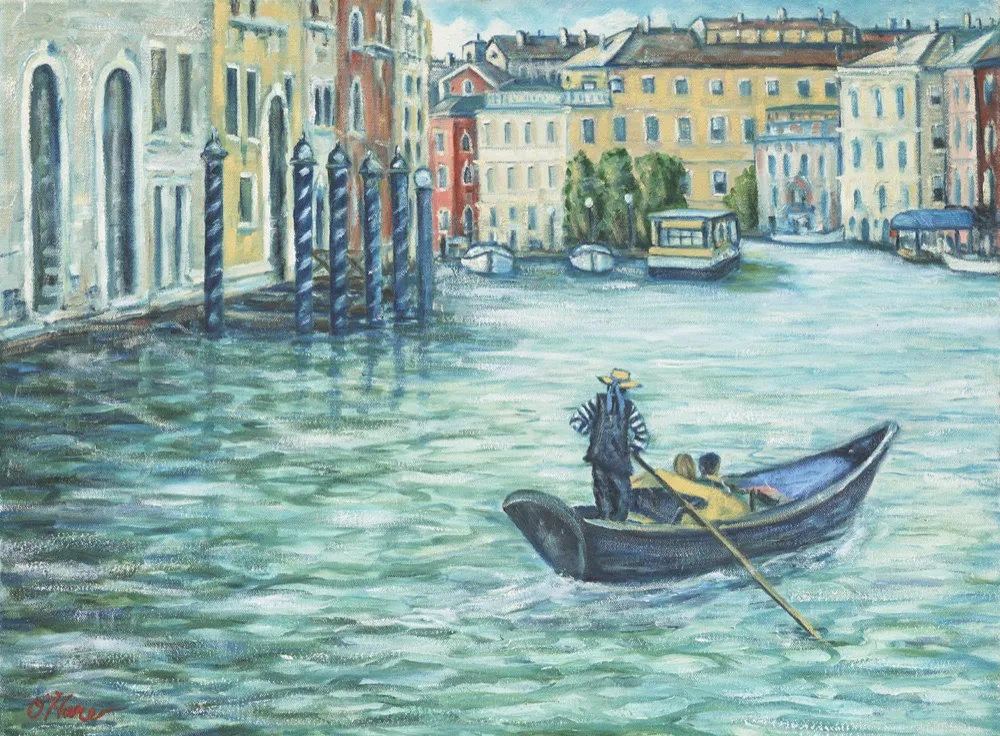 Gondola Cruise, an oil painting by Kevin Michael O'Hare &mdash; A gondolier rowing past the palazzos of the Grand Canal