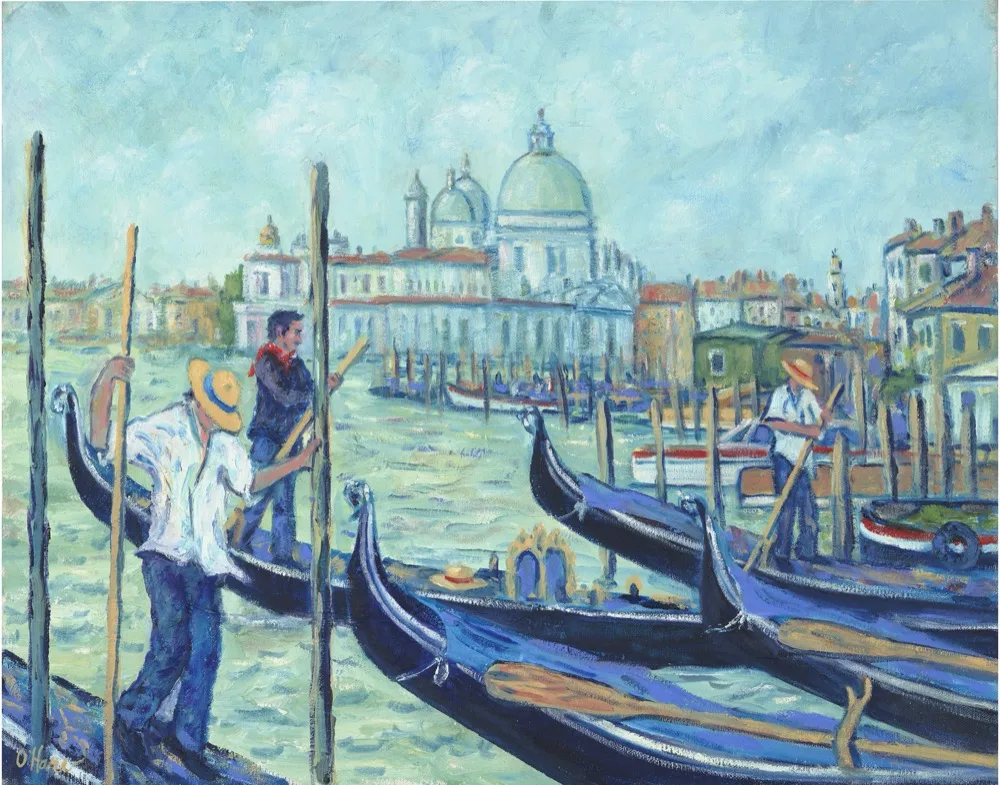 Three Gondoliers, an oil painting by Kevin O'Hare &mdash; Gondoliers at rest before the Venice skyline