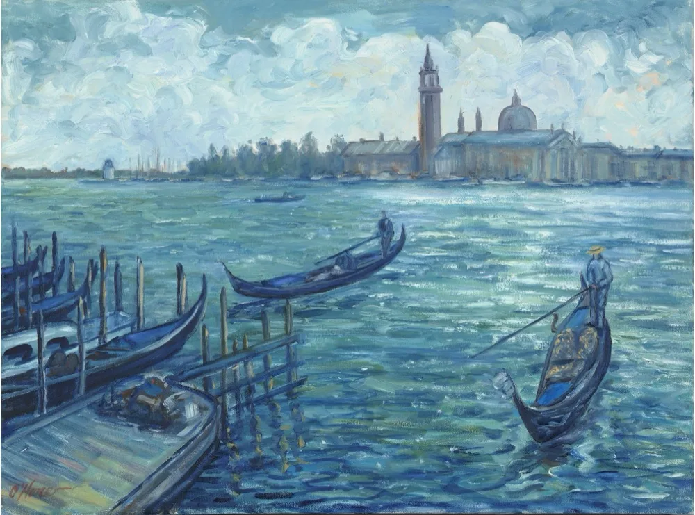 Gondoliers on the Canal, an oil painting by Kevin O'Hare &mdash; Rowing past the domes of San Giorgio Maggiore