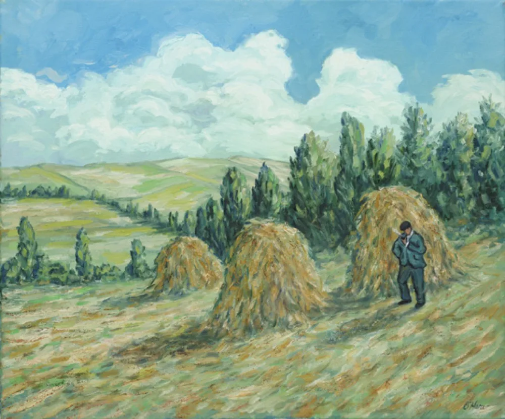 Haystacks, an oil painting by Kevin O'Hare &mdash; A quiet field at harvest time