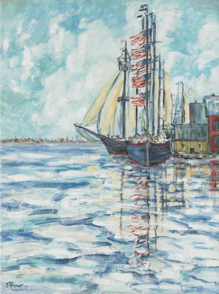 Ice is Breaking. Set the Sails, an oil painting by Kevin Michael O'Hare &mdash; A schooner underway past a New England lighthouse
