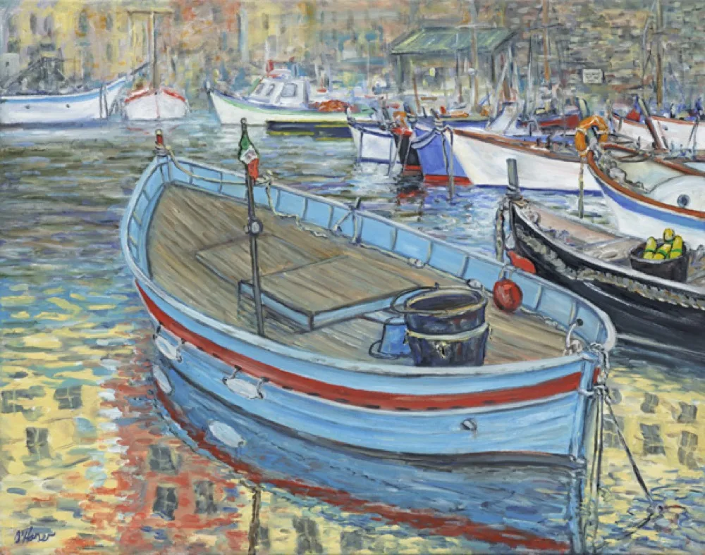 Italian Harbor, an oil painting by Kevin O'Hare &mdash; Fishing boats resting in a sunlit Italian port