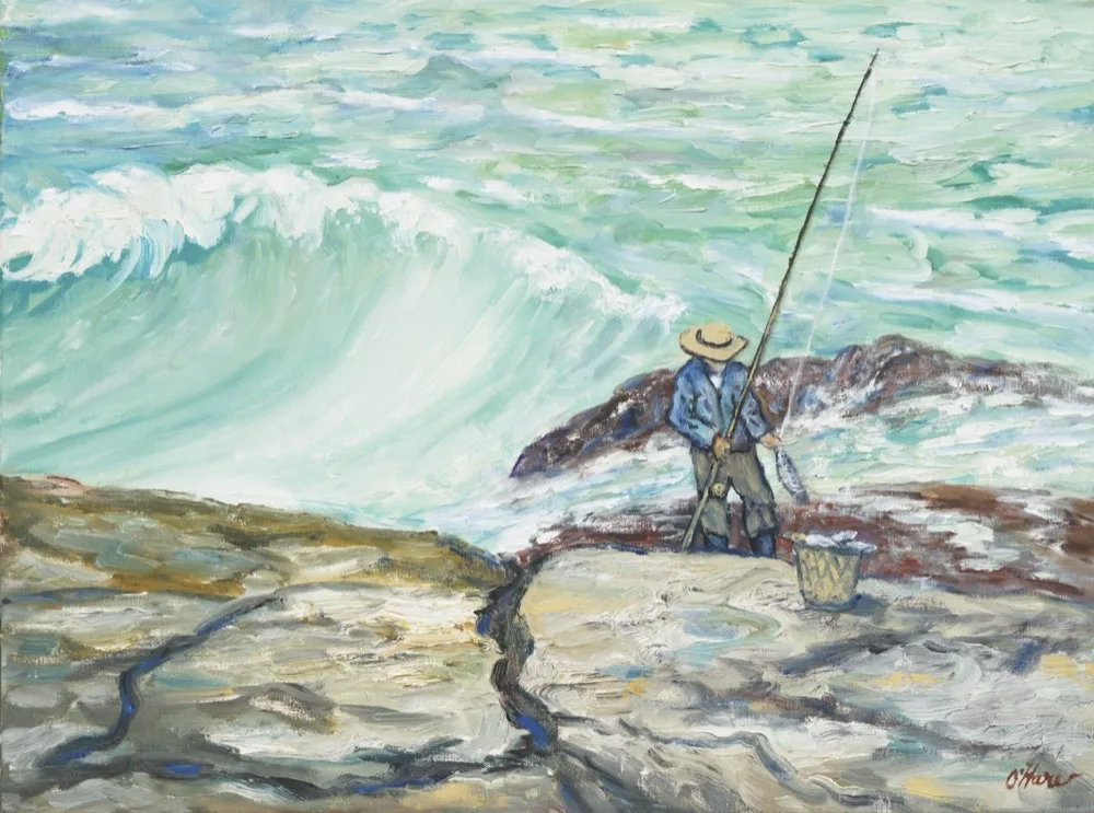 Fisherman at Maine Lighthouse, an oil painting by Kevin Michael O'Hare &mdash; A fisherman on the rocks before a breaking wave