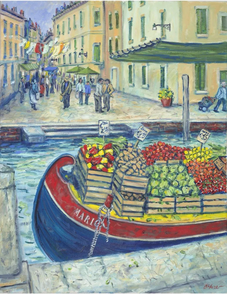 Mario's Fruit Boat, an oil painting by Kevin O'Hare &mdash; A market barge piled with produce on the canal