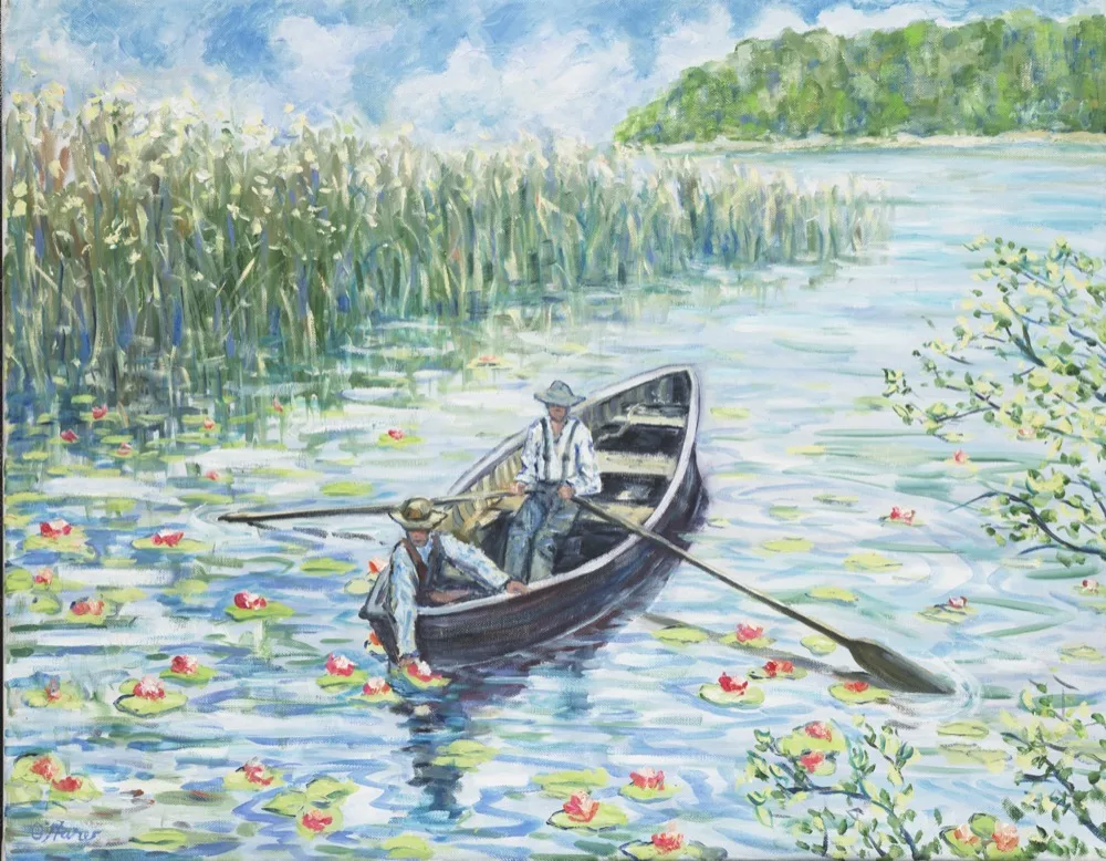 Lily's 4 U, an oil painting by Kevin Michael O'Hare &mdash; Two rowers among the water lilies