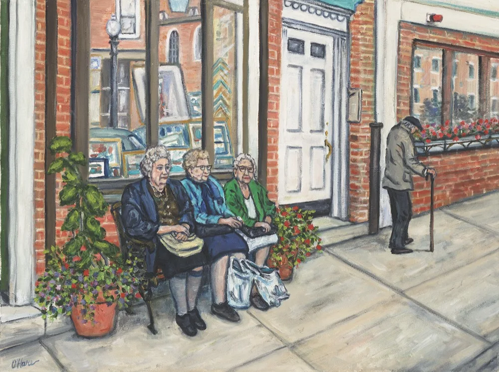 The North End Boston, an oil painting by Kevin Michael O'Hare &mdash; Neighbors on a bench outside a North End frame shop