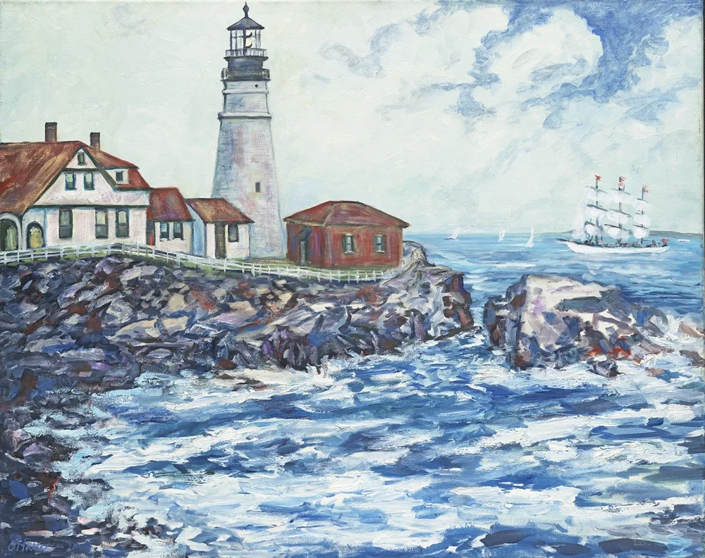 The Portland Head Lighthouse, ME, an oil painting by Kevin Michael O'Hare &mdash; A tall ship passing the Maine lighthouse over crashing surf