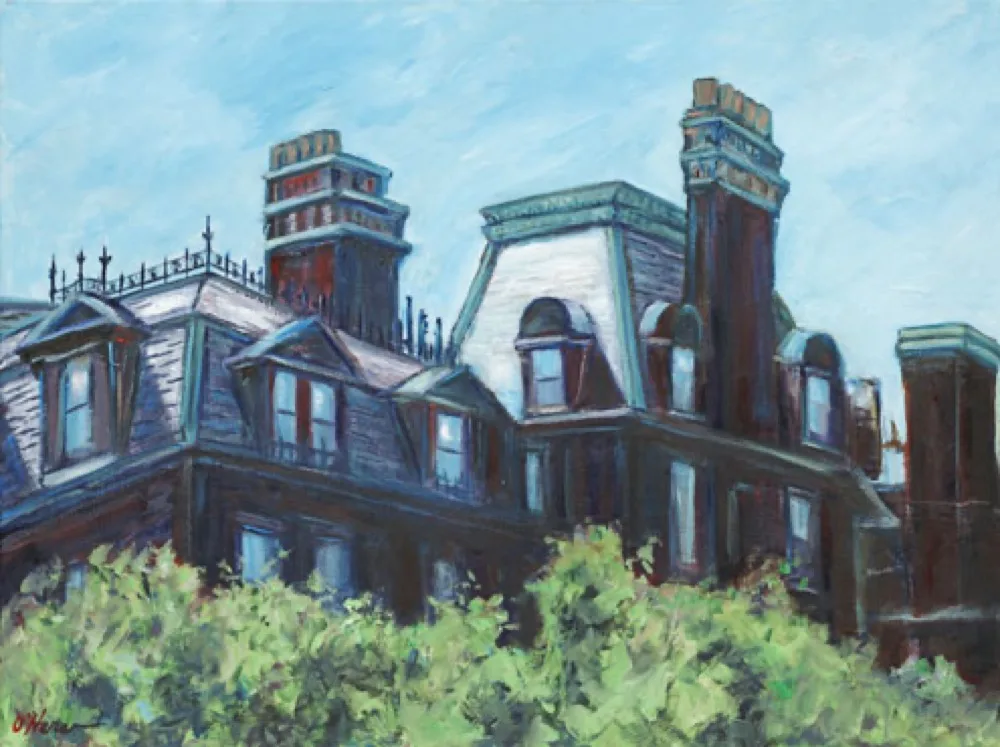 Rooftops on Commonwealth Avenue, an oil painting by Kevin O'Hare &mdash; Boston brownstones above the trees