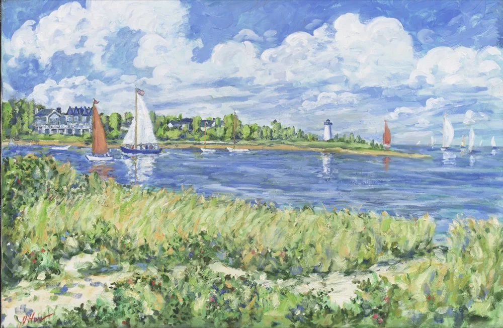 Edgartown Harbor, an oil painting by Kevin Michael O'Hare &mdash; Boats on the water before a New England lighthouse