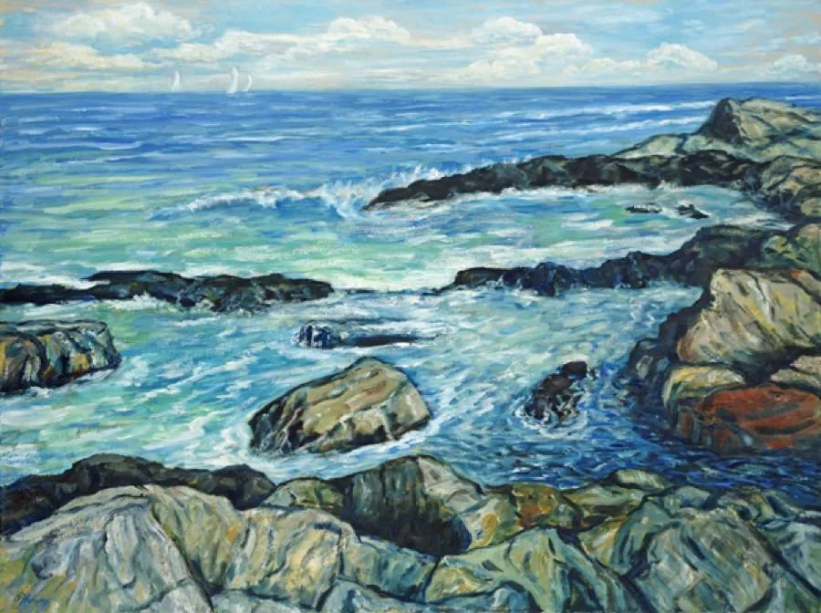 Scituate Seascape, an oil painting by Kevin O'Hare &mdash; Rocky Massachusetts coastline and breaking waves