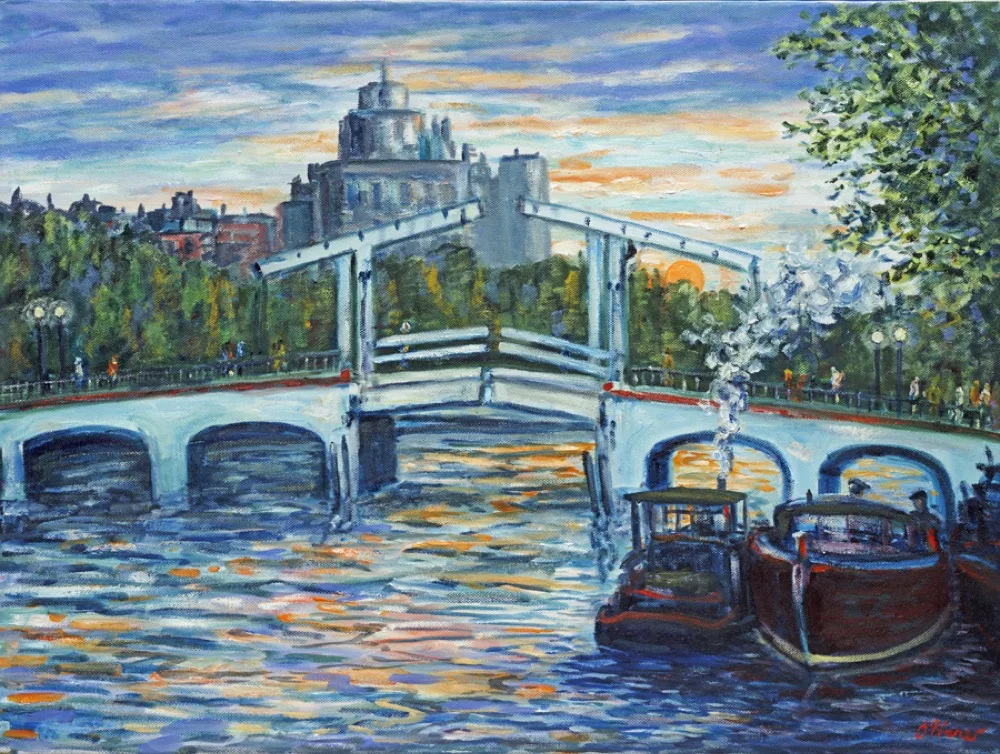 Sunrise Over Amsterdam, an oil painting by Kevin O'Hare &mdash; A drawbridge and canal boats at daybreak