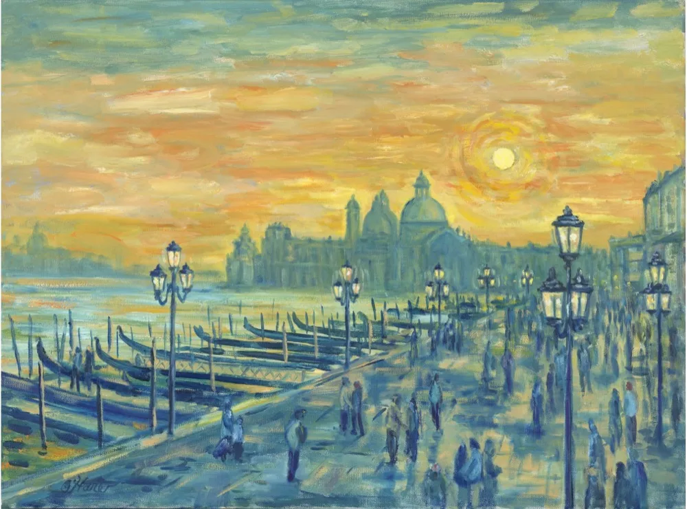 Sunset at San Marco, an oil painting by Kevin O'Hare &mdash; Moored gondolas along the golden lagoon