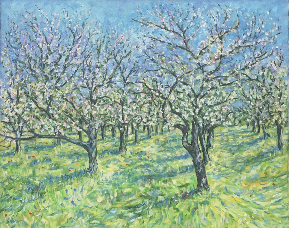The Orchard, an oil painting by Kevin Michael O'Hare &mdash; Apple trees in bloom over dappled spring grass