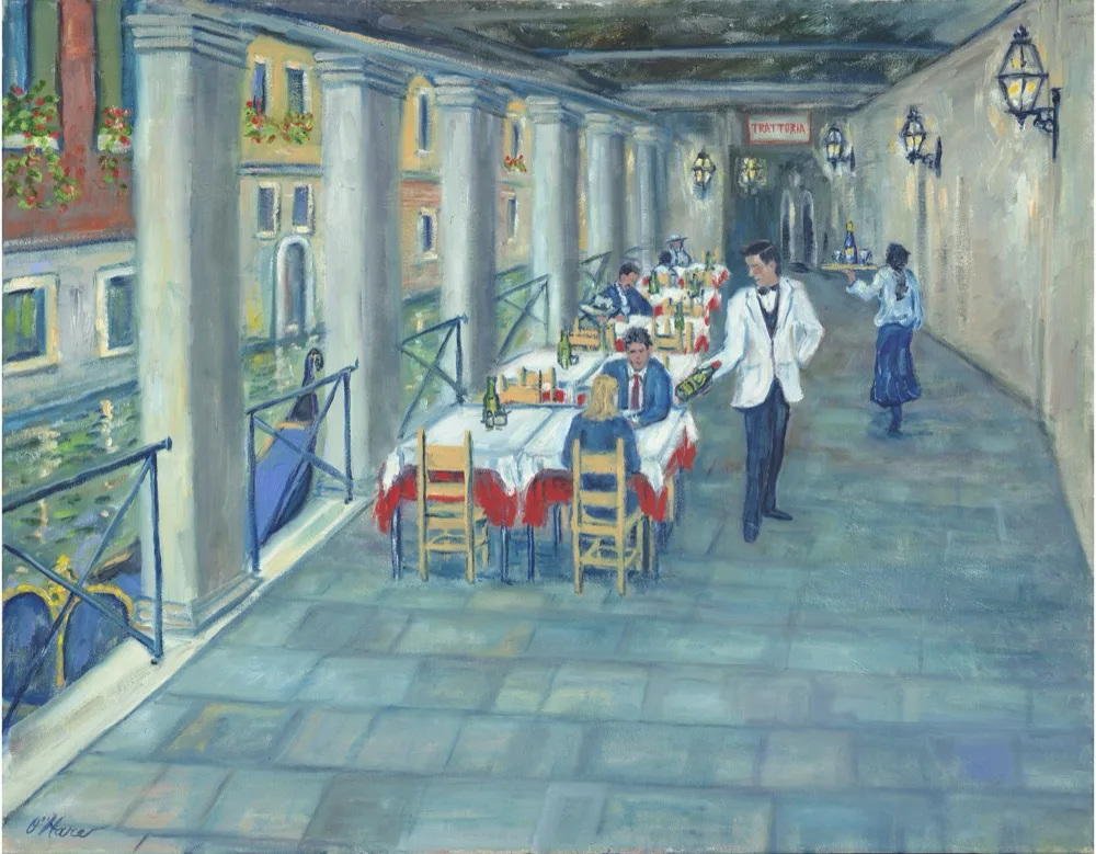 The Trattoria, an oil painting by Kevin O'Hare &mdash; Waiters serving a canal-side dinner in Venice