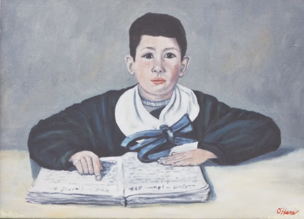 The Young Student, an oil painting by Kevin Michael O'Hare &mdash; A boy absorbed in his lesson book