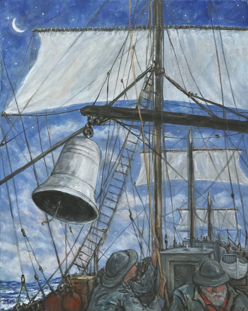 The Ties That Bind, an oil painting by Kevin O'Hare &mdash; A ship's bell beneath a starlit sail