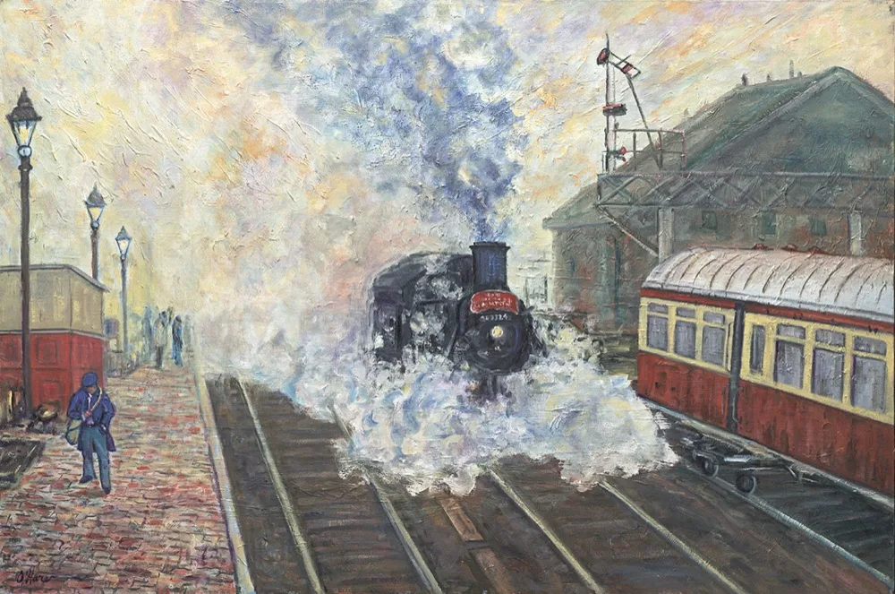 Train Station at Daybreak, an oil painting by Kevin O'Hare &mdash; A locomotive pulling in at first light