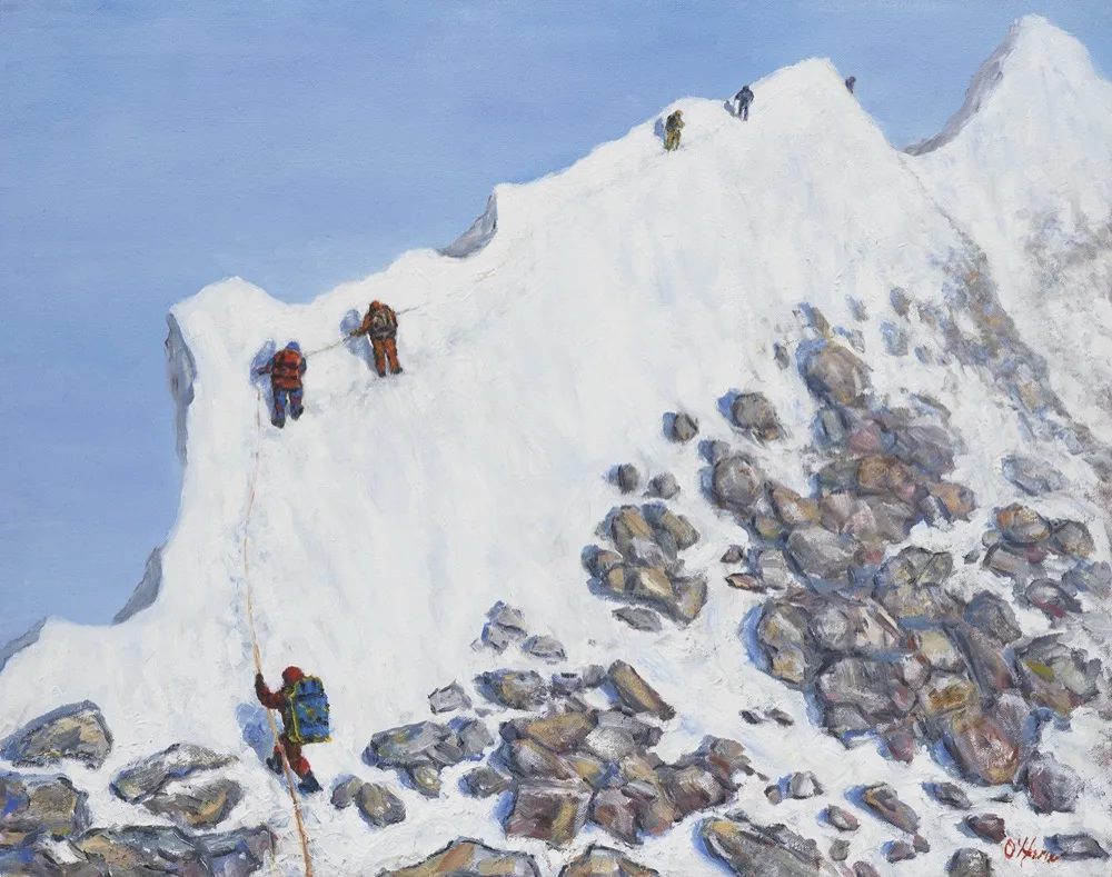 Traversing Mt. Everest, an oil painting by Kevin Michael O'Hare &mdash; Climbers roped together on a snowbound ridge