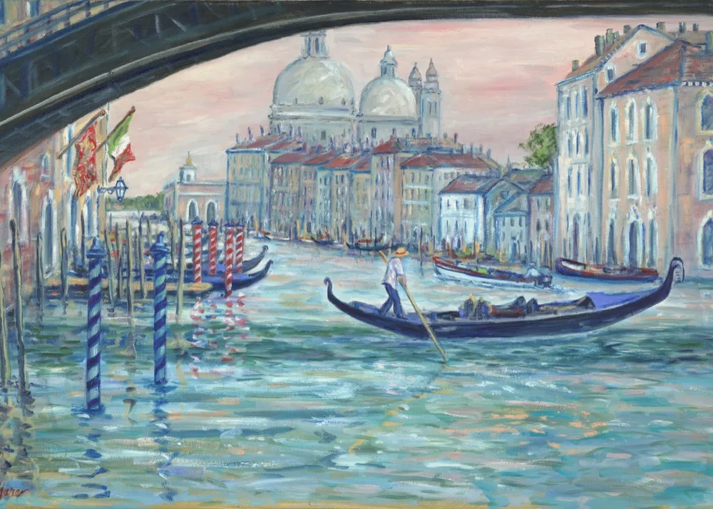 Under the Rialto Bridge, an oil painting by Kevin O'Hare &mdash; Looking out toward Santa Maria della Salute