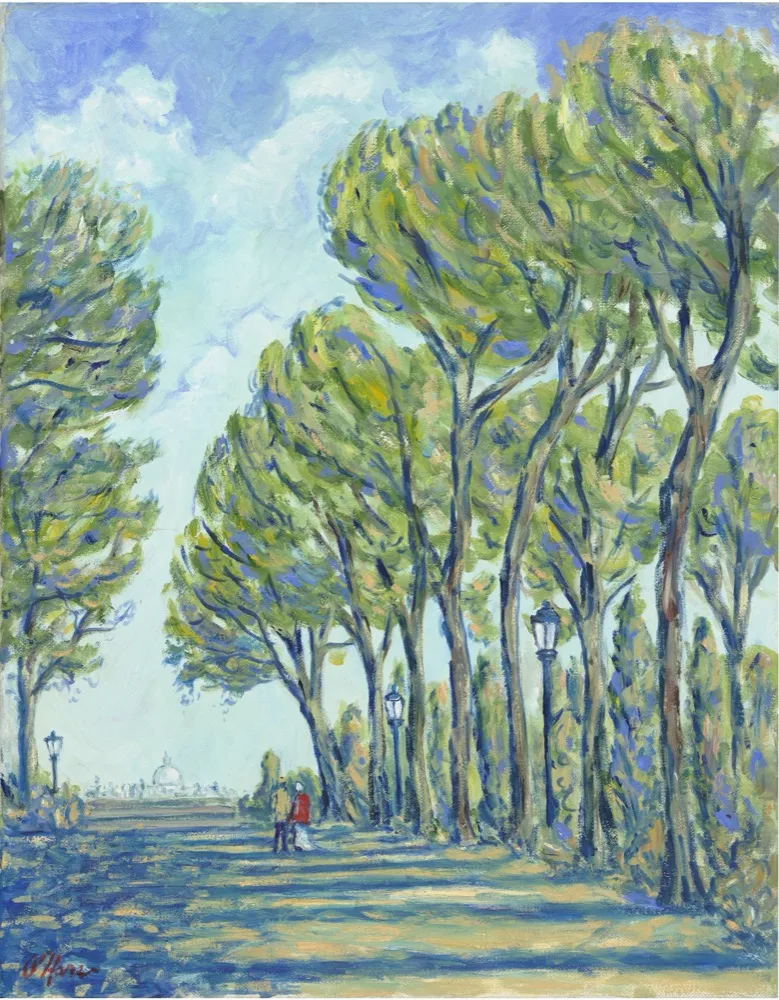 Vatican Gardens, an oil painting by Kevin O'Hare &mdash; A tree-lined avenue with the dome of St. Peter's in the distance