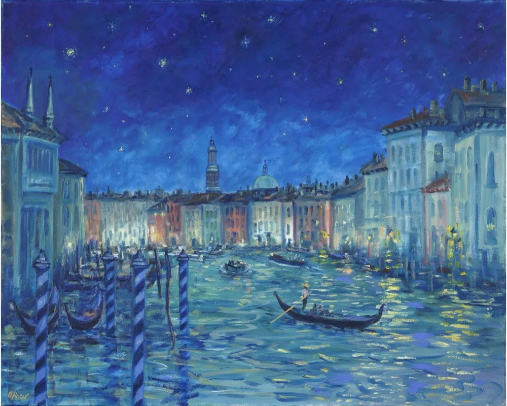 Venice by Starlight, an oil painting by Kevin O'Hare &mdash; The Grand Canal glowing beneath a starry sky