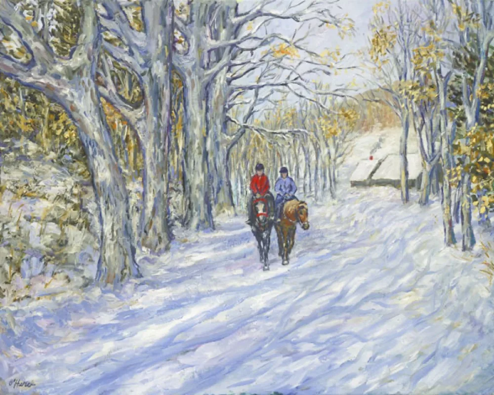 Vermont Horse Ride, an oil painting by Kevin O'Hare &mdash; Riders on a snowy wooded trail