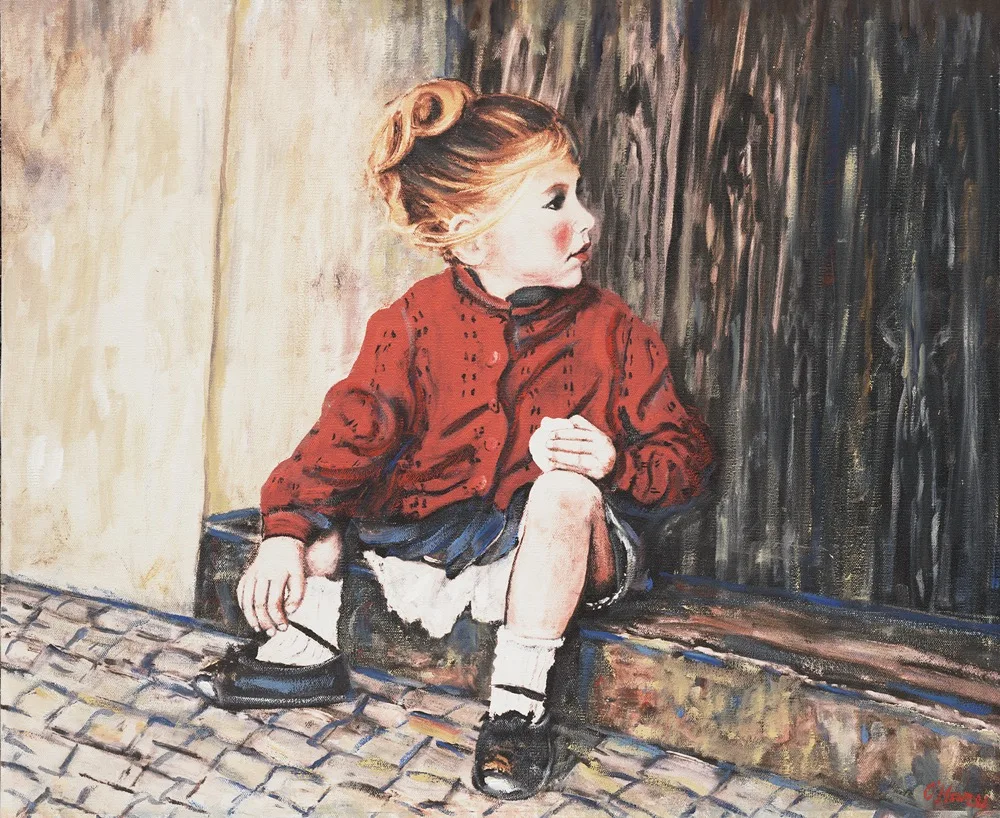 Waiting Patiently, an oil painting by Kevin Michael O'Hare &mdash; A girl seated on a cobblestone stoop