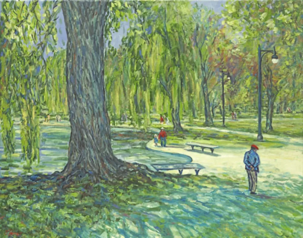 Walking Through the Willows, an oil painting by Kevin O'Hare &mdash; A shaded path beneath the trees
