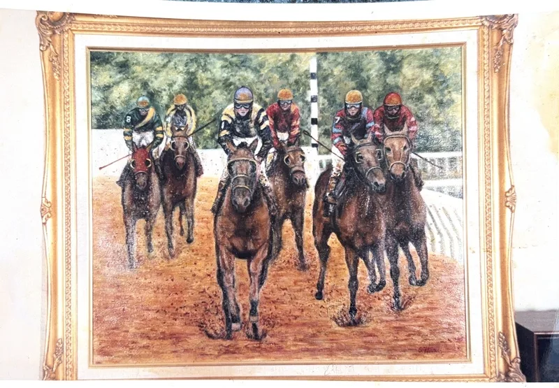 Winner's Circle, an original oil painting by Kevin O'Hare depicting horses and jockeys at the finish line