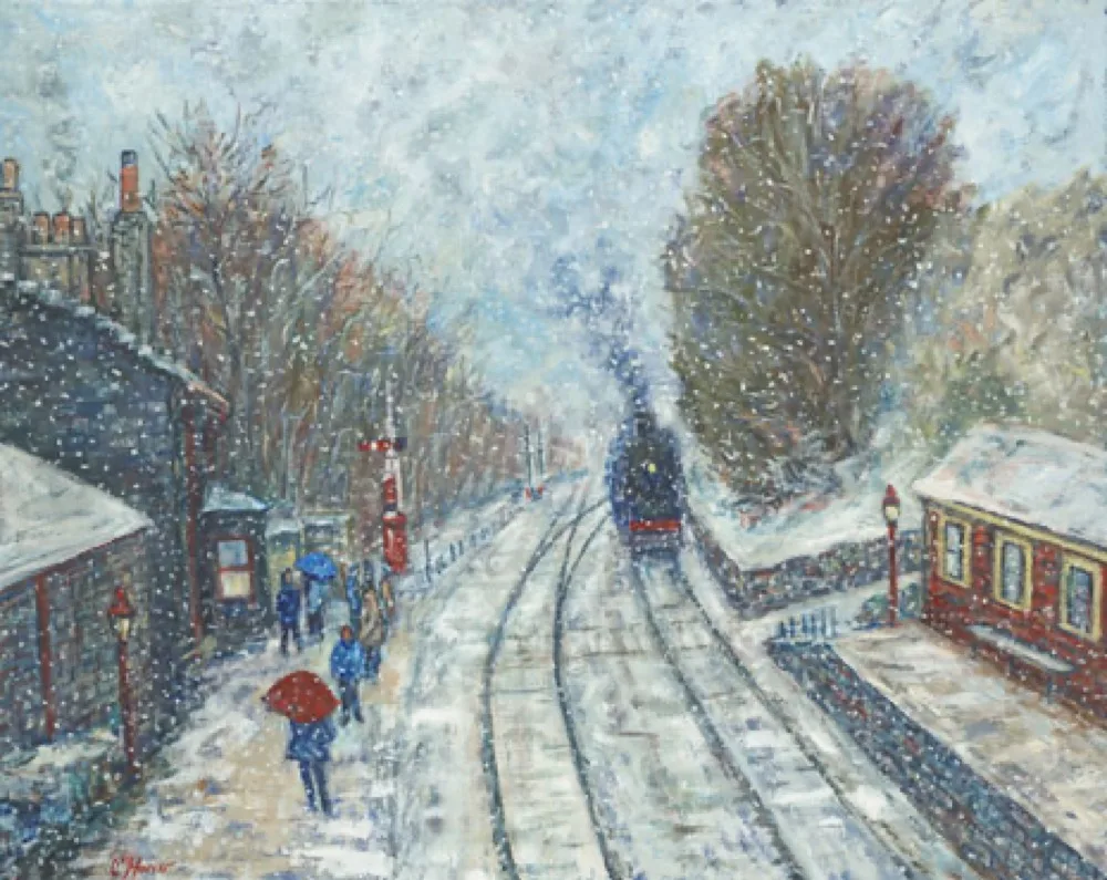 Yorkshire Train Station, an oil painting by Kevin O'Hare &mdash; A steam train arriving through falling snow