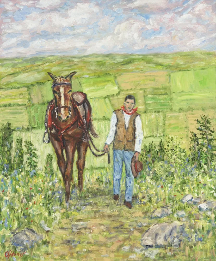 Young Cowboy, an oil painting by Kevin Michael O'Hare &mdash; A boy leading his horse through a wildflower field